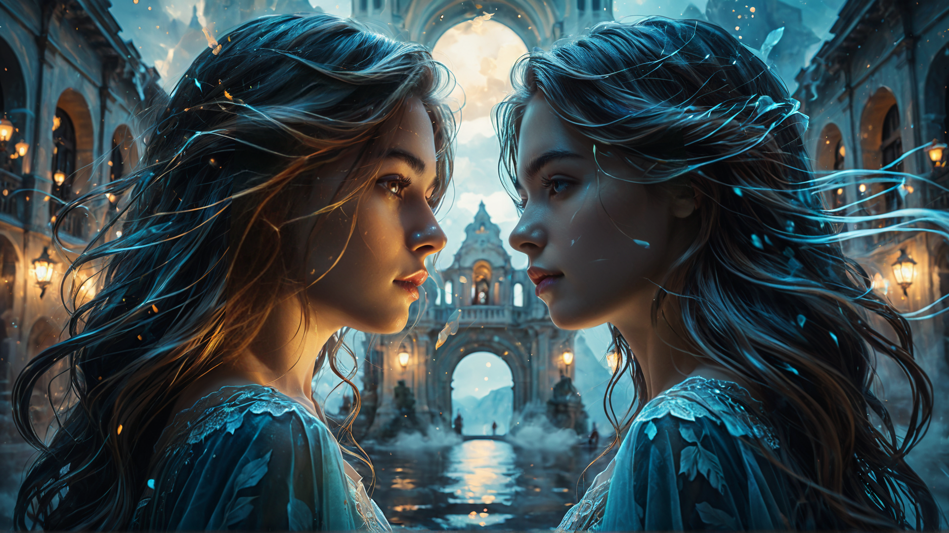 AI generated wallpaper featuring women, architecture