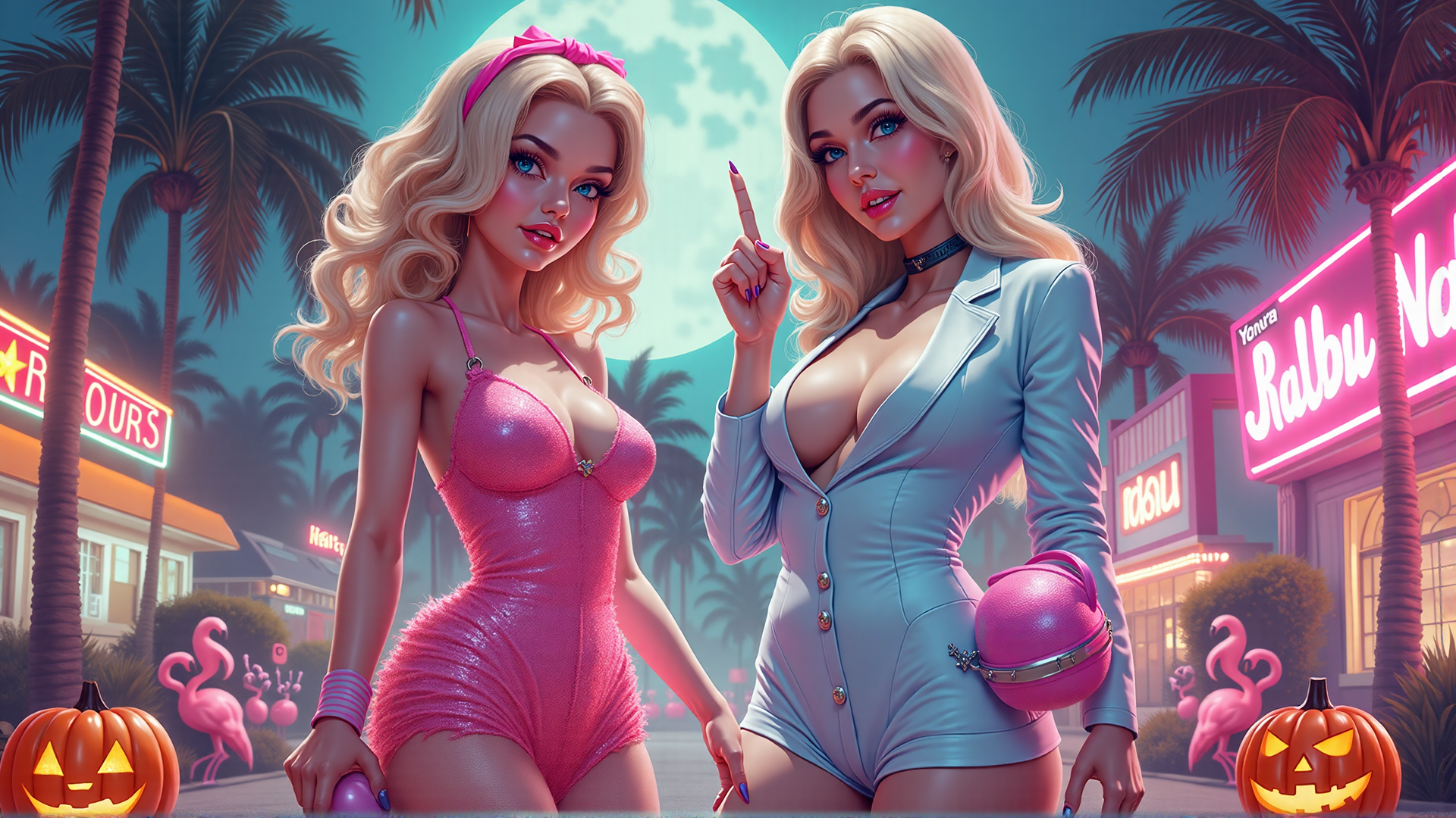 AI generated wallpaper featuring women, palm trees, pumpkins, flamingos, neon signs, moon