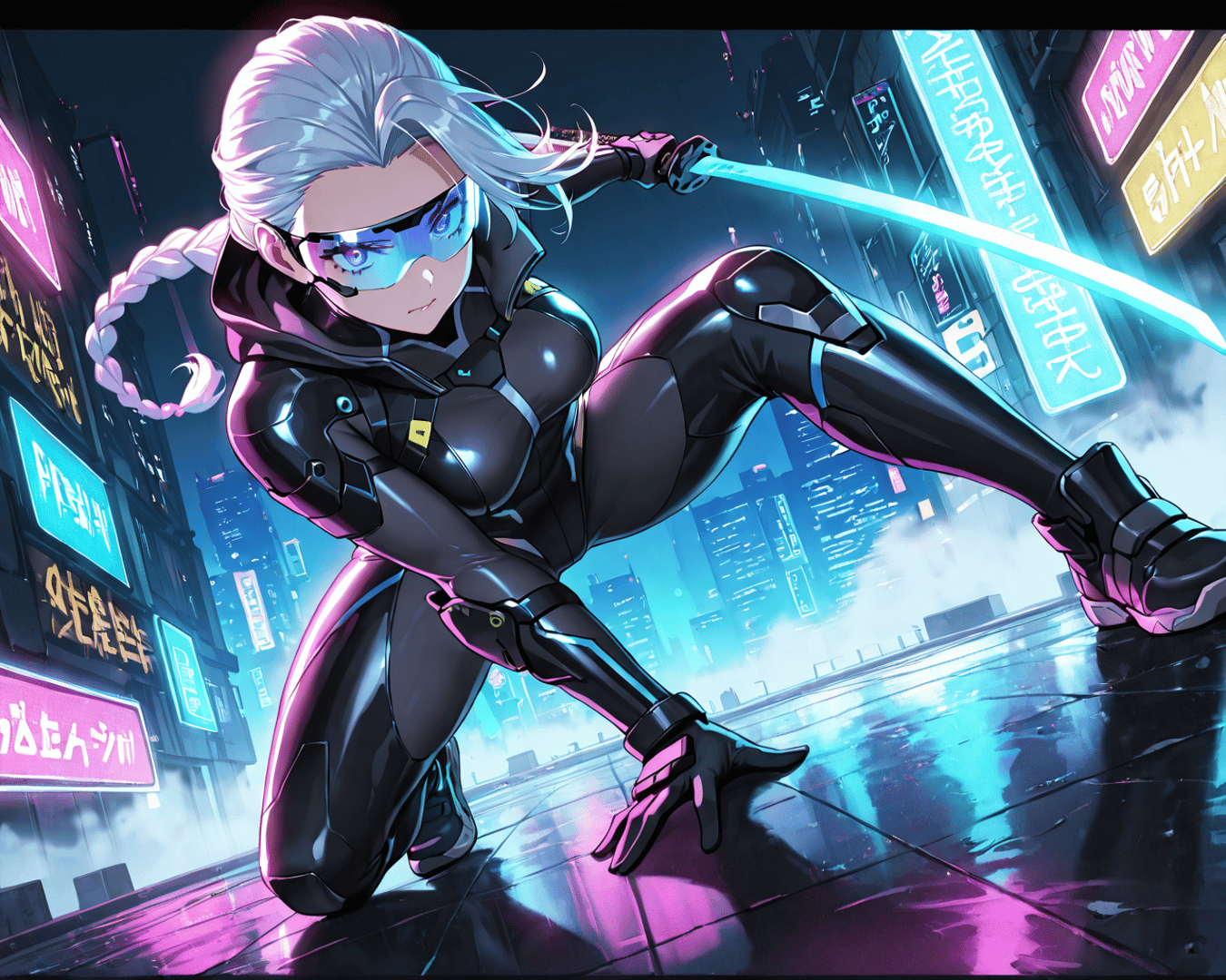 AI generated wallpaper featuring cyberpunk, female, sword