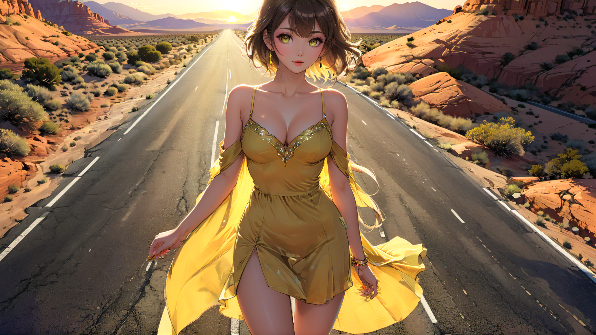 AI generated wallpaper featuring woman, road, desert