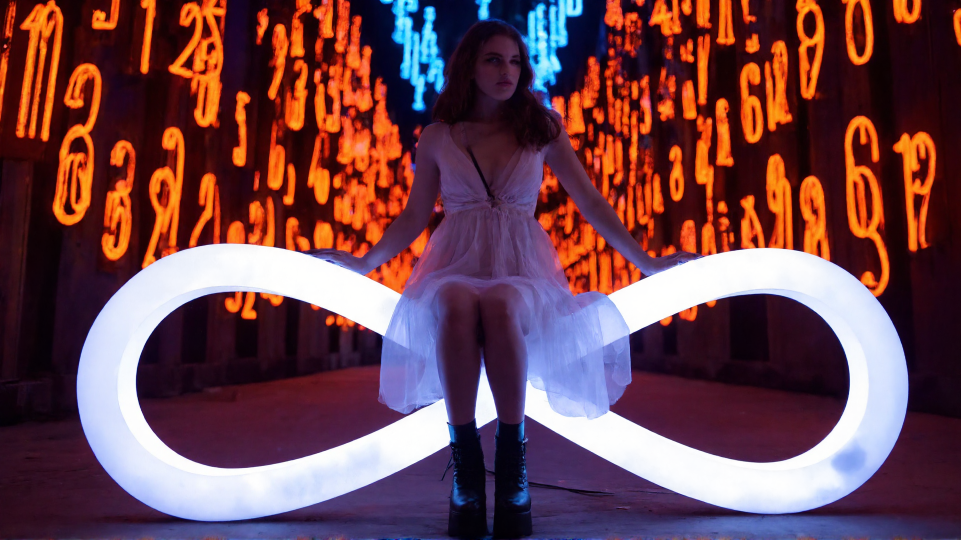 AI generated wallpaper featuring woman, infinity symbol, neon sign