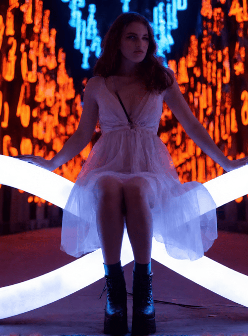 woman, infinity symbol, neon sign