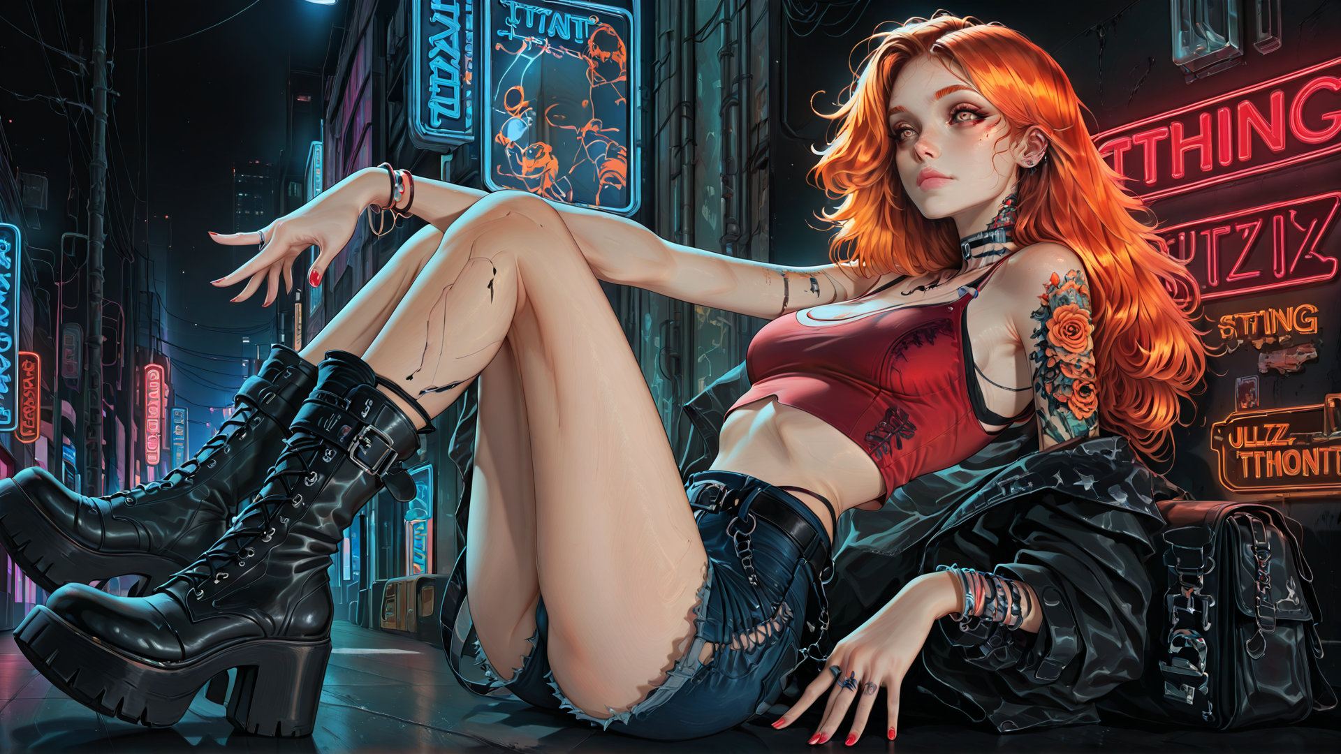 AI generated wallpaper featuring woman, cityscape, neon signs, tattoo, boots