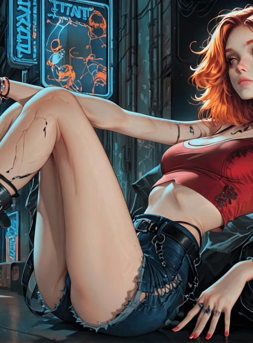 woman, cityscape, neon signs, tattoo, boots