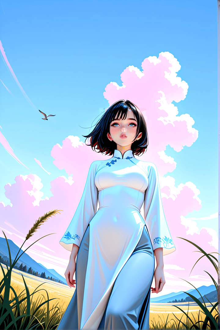 AI generated wallpaper featuring woman, qipao, field, cloud, bird, grass, mountain, sky