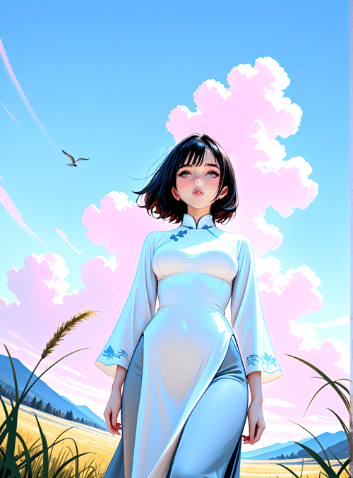 woman, qipao, field, cloud, bird, grass, mountain, sky