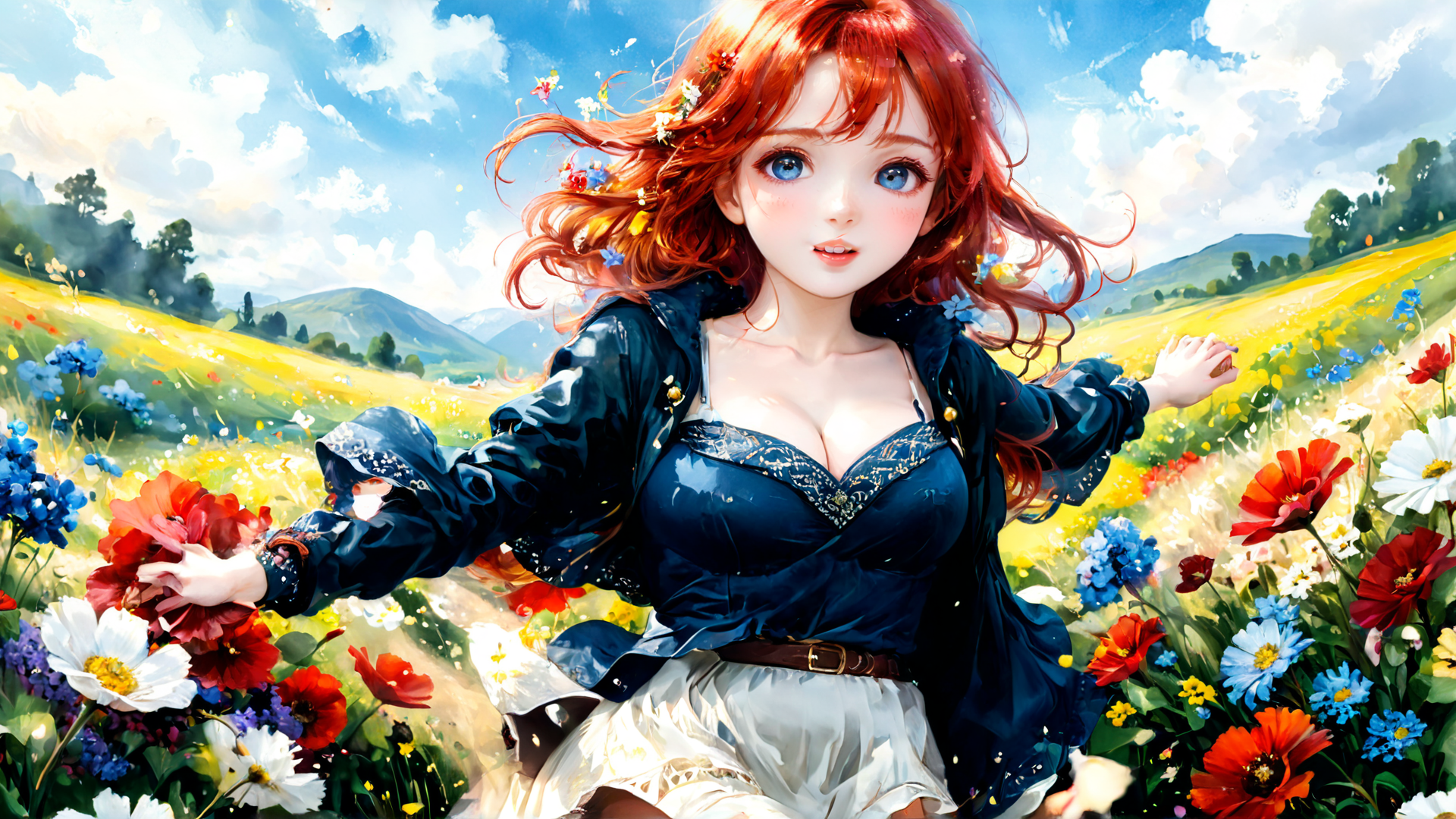 AI generated wallpaper featuring girl, flowers, field
