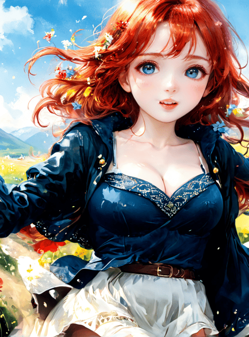 girl, flowers, field