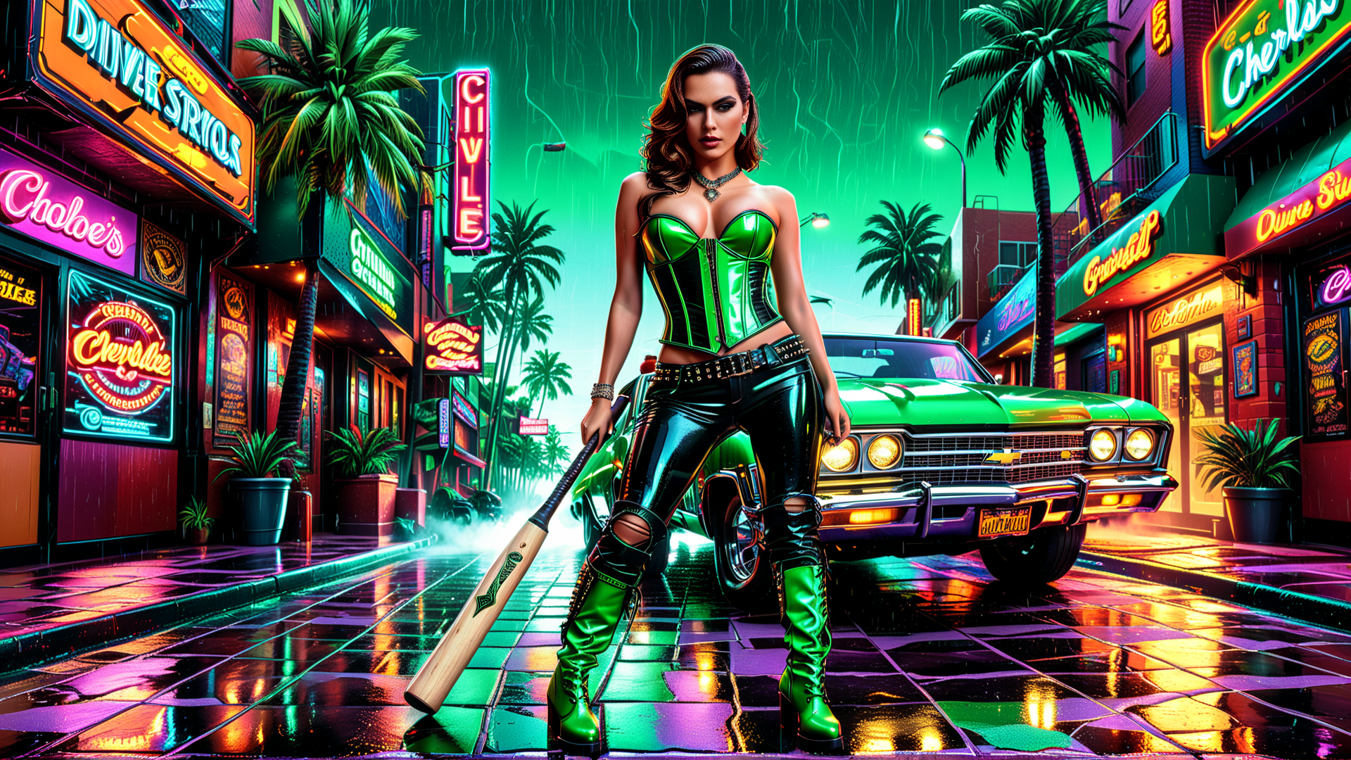 AI generated wallpaper featuring woman, car, baseball bat