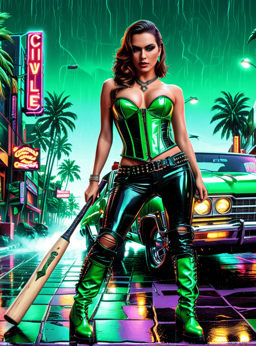 woman, car, baseball bat