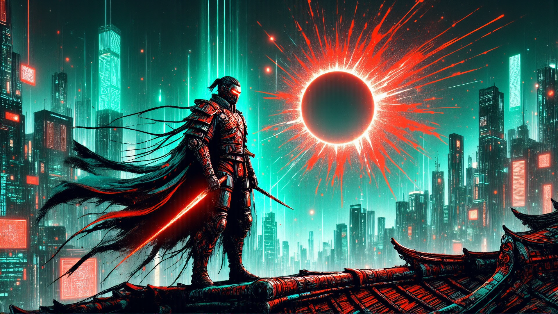 AI generated wallpaper featuring samurai, cityscape, swordsman