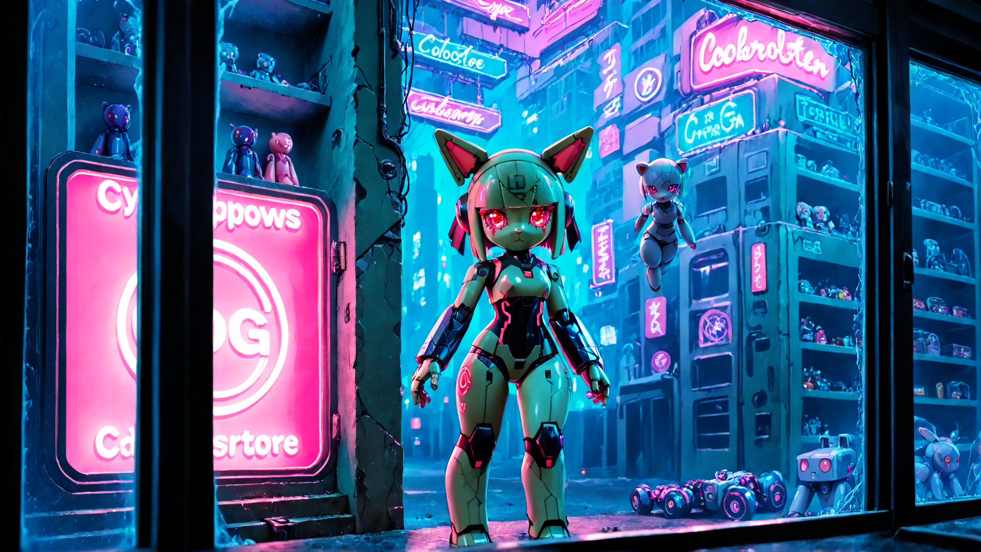 AI generated wallpaper featuring robot, cyberpunk, doll