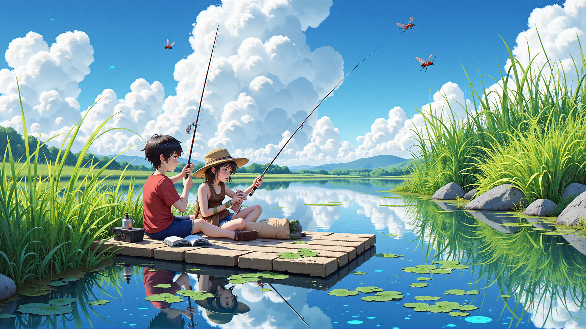 AI generated wallpaper featuring boy, girl, fishing rod, lily pad, water, grass, cloud, book, hat, rock