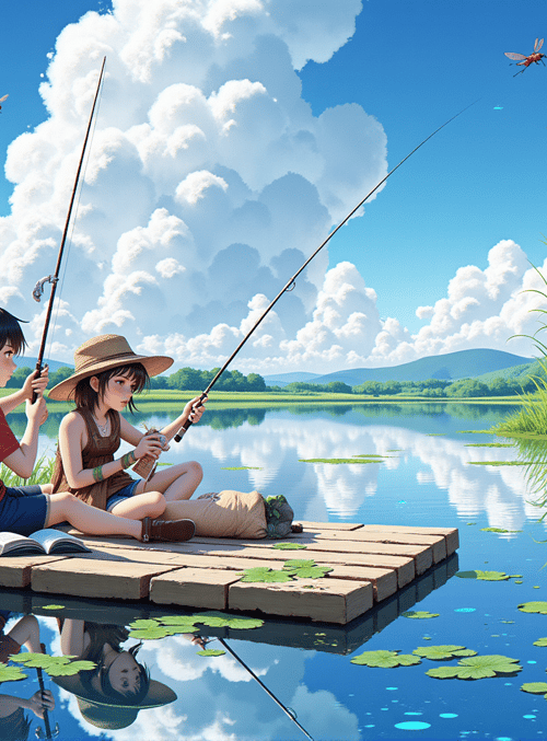 boy, girl, fishing rod, lily pad, water, grass, cloud, book, hat, rock