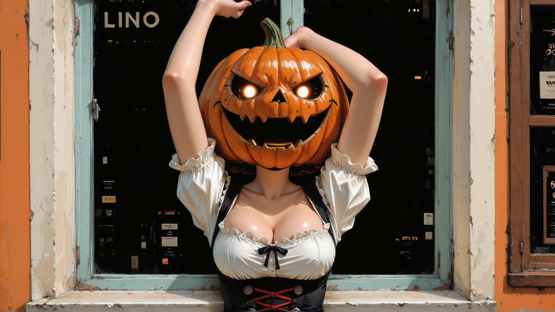 AI generated wallpaper featuring pumpkin, woman, window, costume, jack-o-lantern