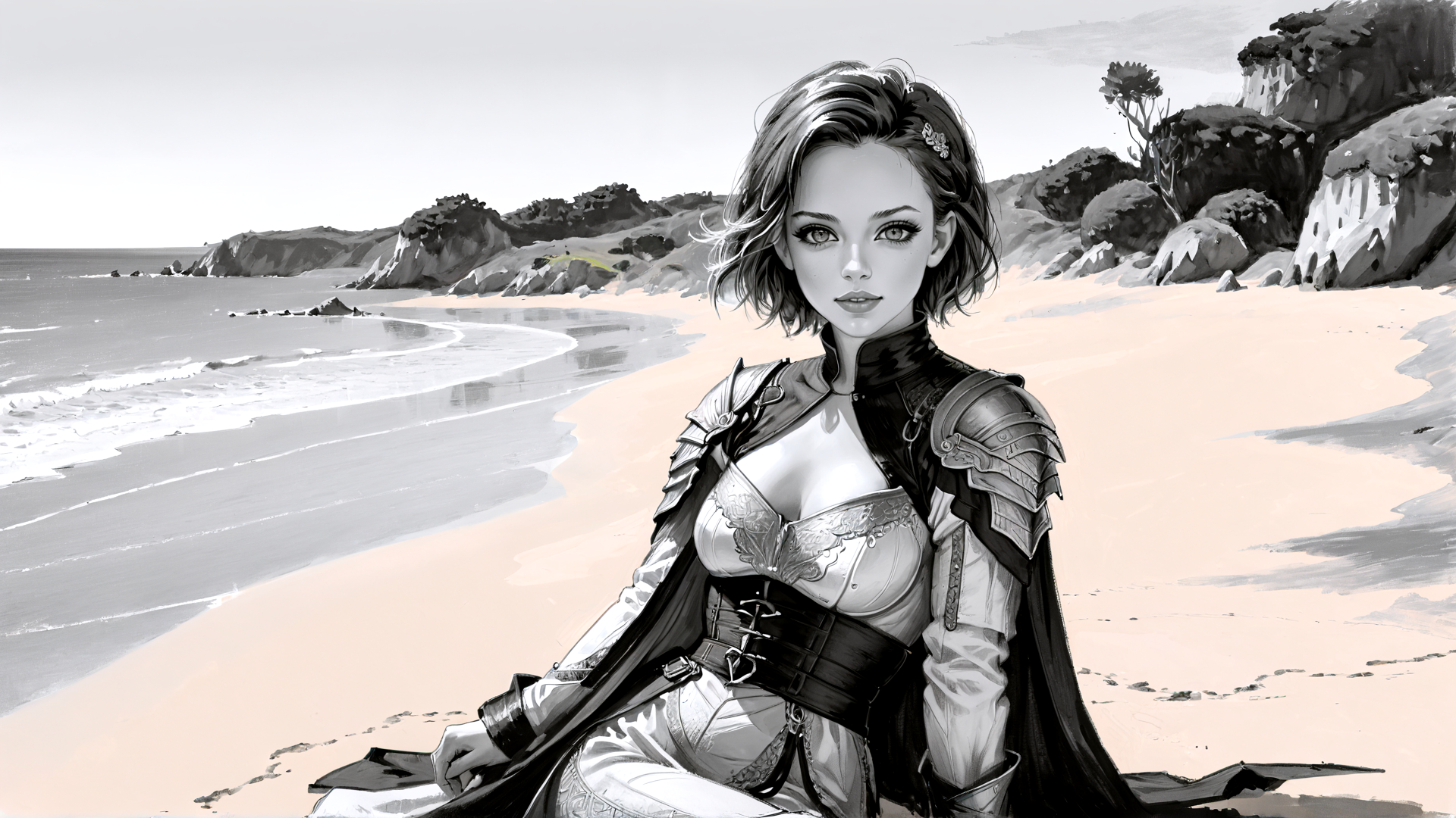 AI generated wallpaper featuring woman, armor, beach, sand, ocean, rocks, cape, hair, cliff, tree