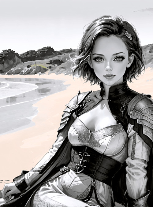 woman, armor, beach, sand, ocean, rocks, cape, hair, cliff, tree