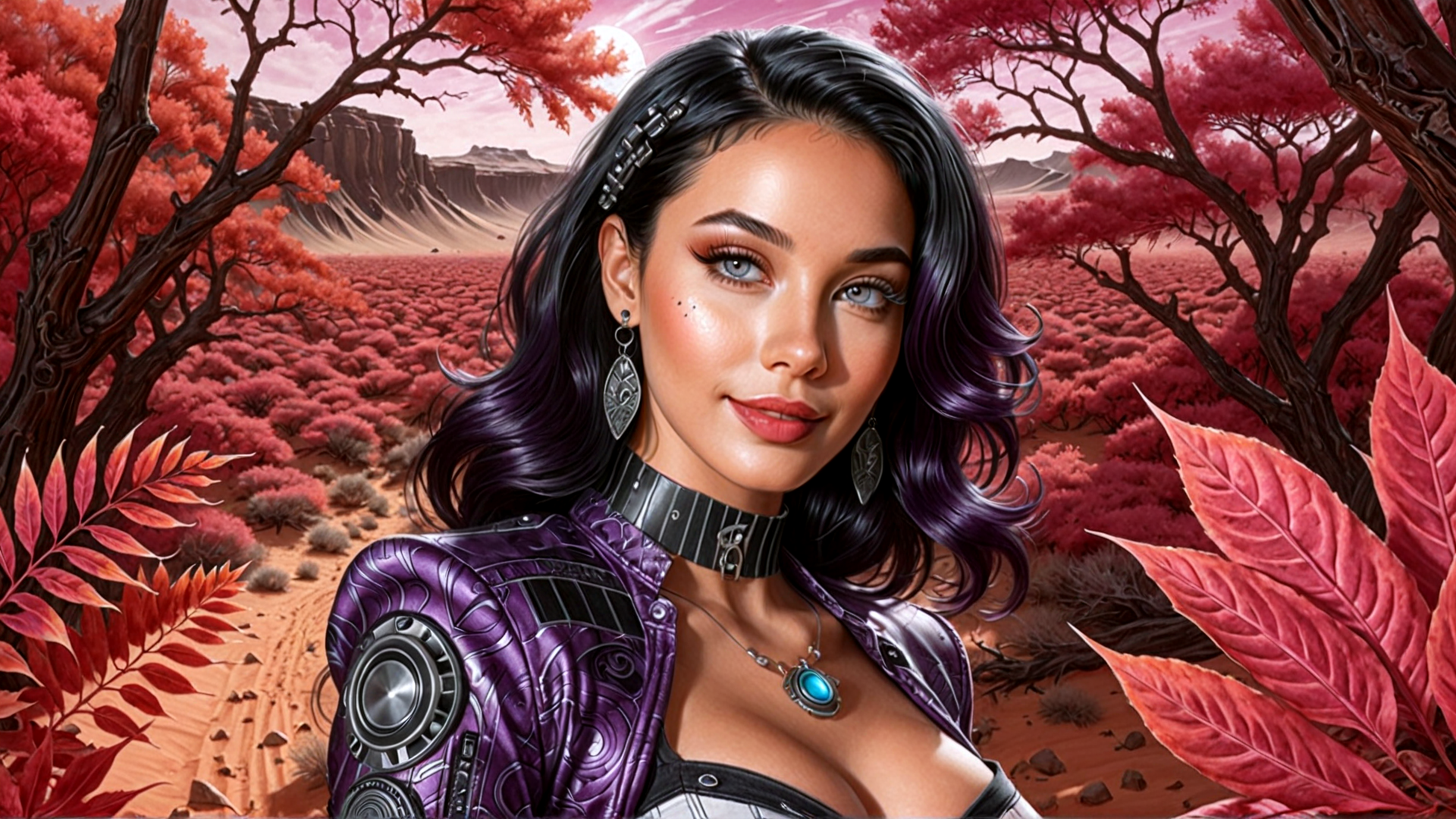 AI generated wallpaper featuring woman, trees, desert, leaves, jacket