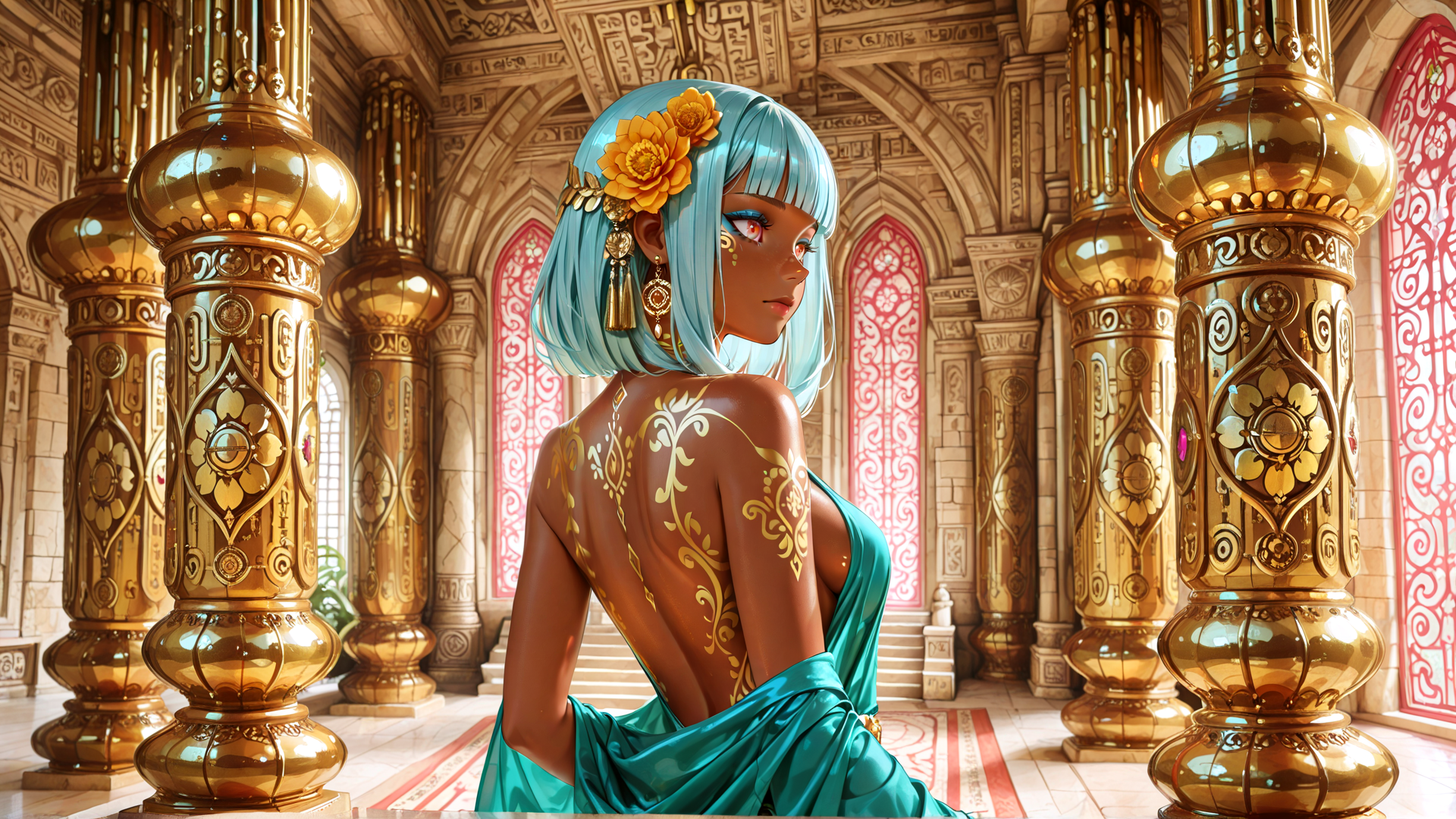 AI generated wallpaper featuring woman, fashion, golden pillars, blue hair, silk dress, body art, flowers, elegant, regal, mandala