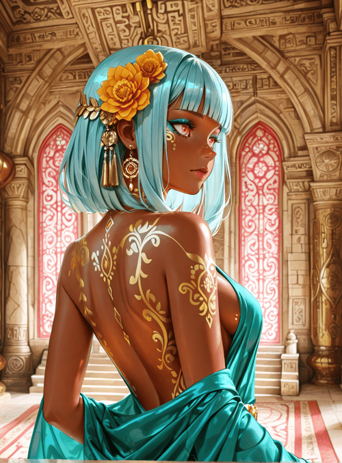 woman, fashion, golden pillars, blue hair, silk dress, body art, flowers, elegant, regal, mandala