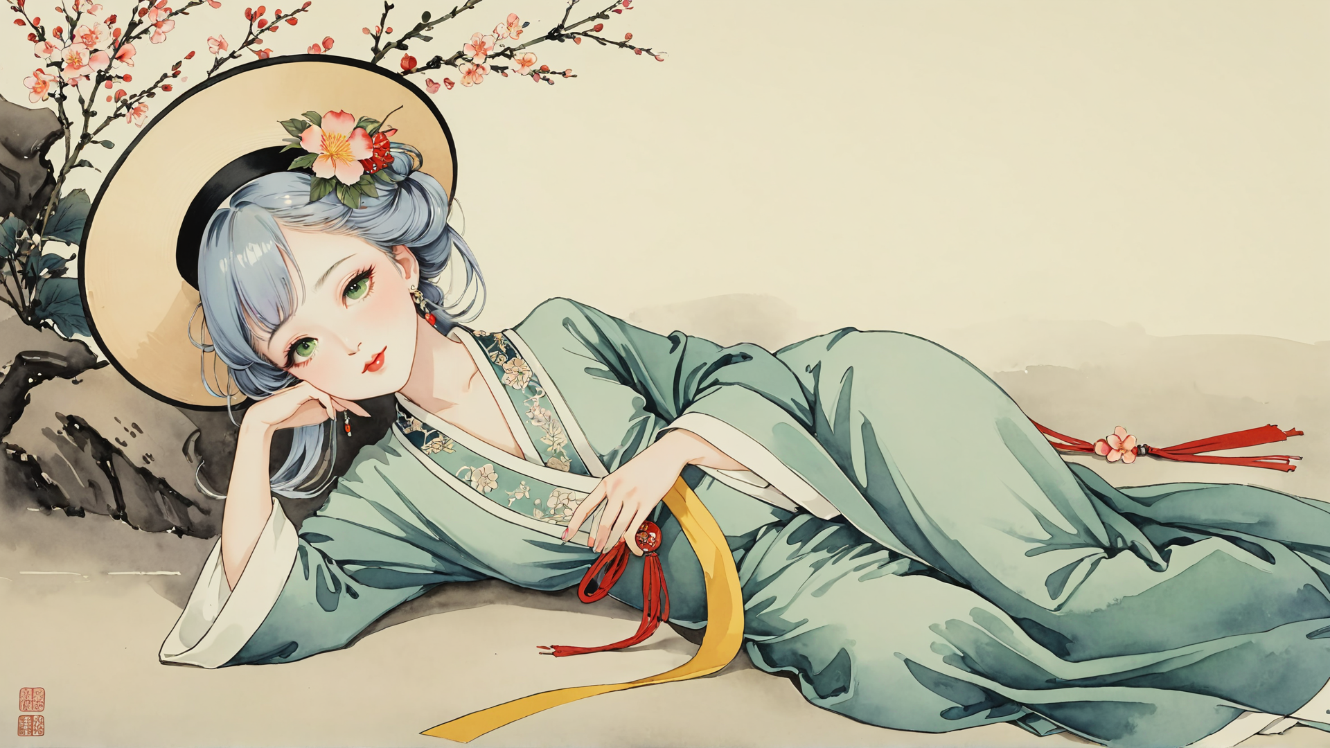 AI generated wallpaper featuring woman, hanfu, cherry blossom, hat, silk, branch, stone