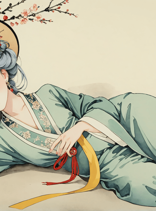 woman, hanfu, cherry blossom, hat, silk, branch, stone