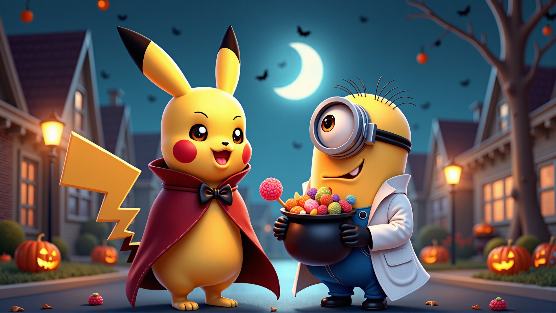 AI generated wallpaper featuring Pikachu, Minion, Halloween, Candy, Pumpkin, Moon, Street, House, Lamp, Bats
