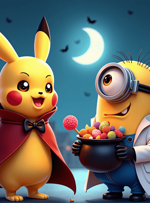 Pikachu, Minion, Halloween, Candy, Pumpkin, Moon, Street, House, Lamp, Bats