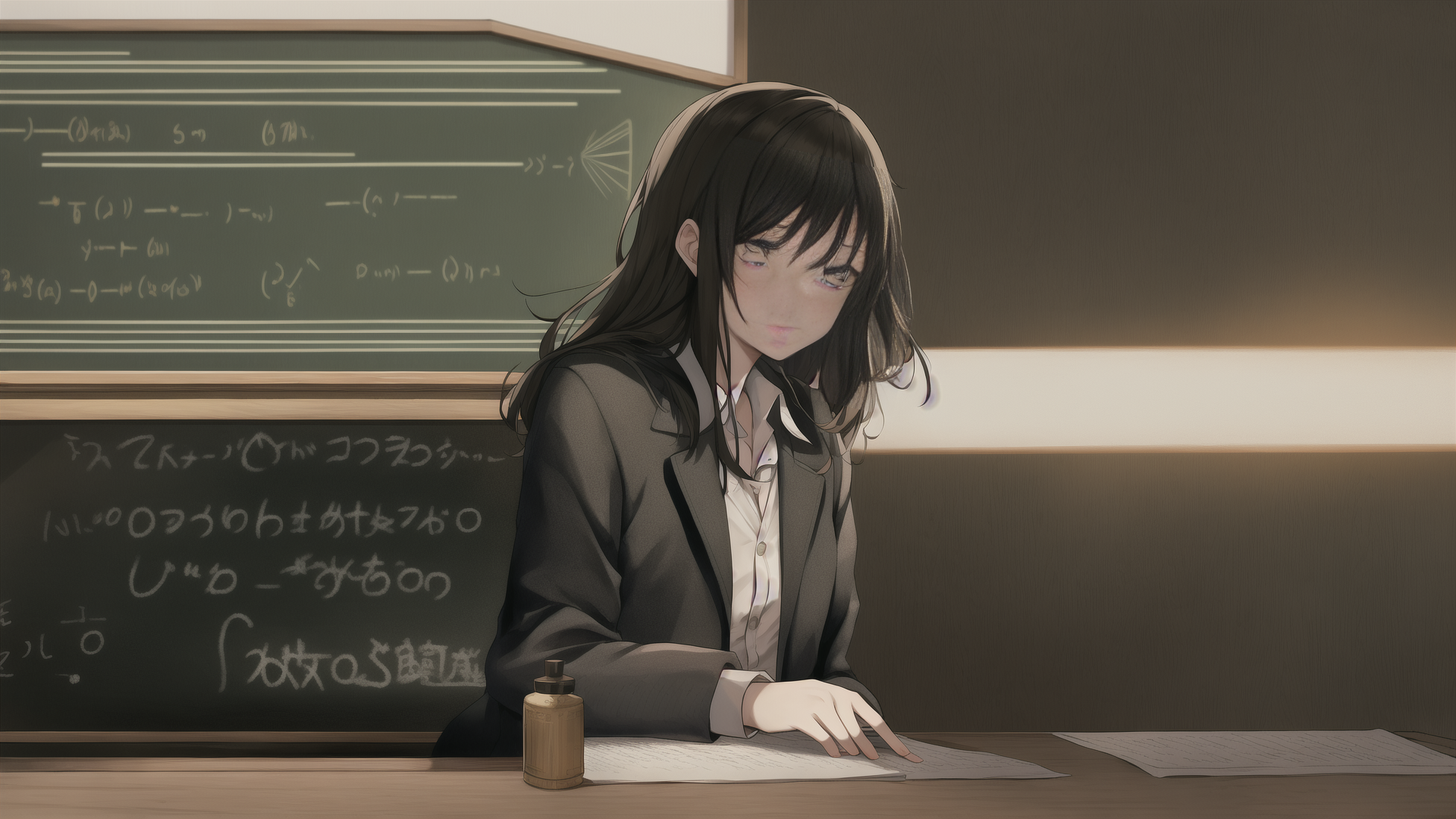 AI generated wallpaper featuring girl, classroom, chalkboard