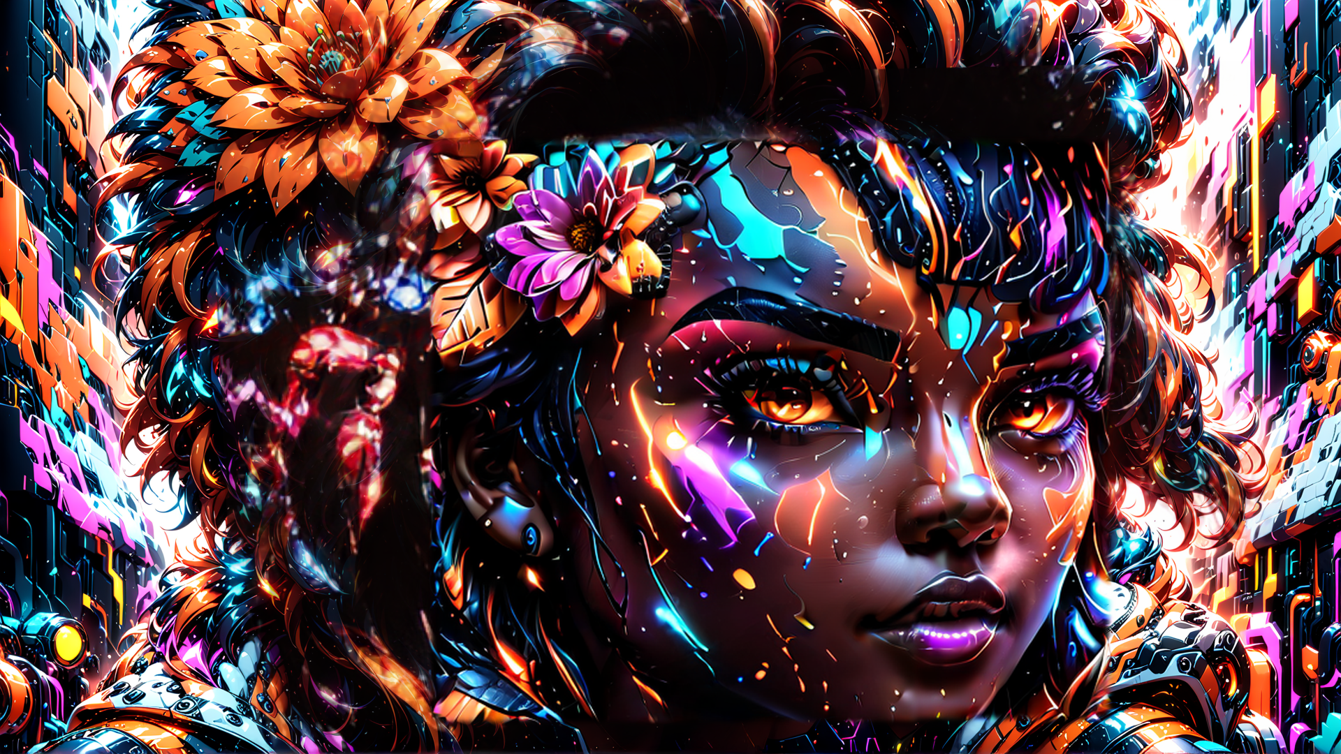 AI generated wallpaper featuring cyborg, woman, flower