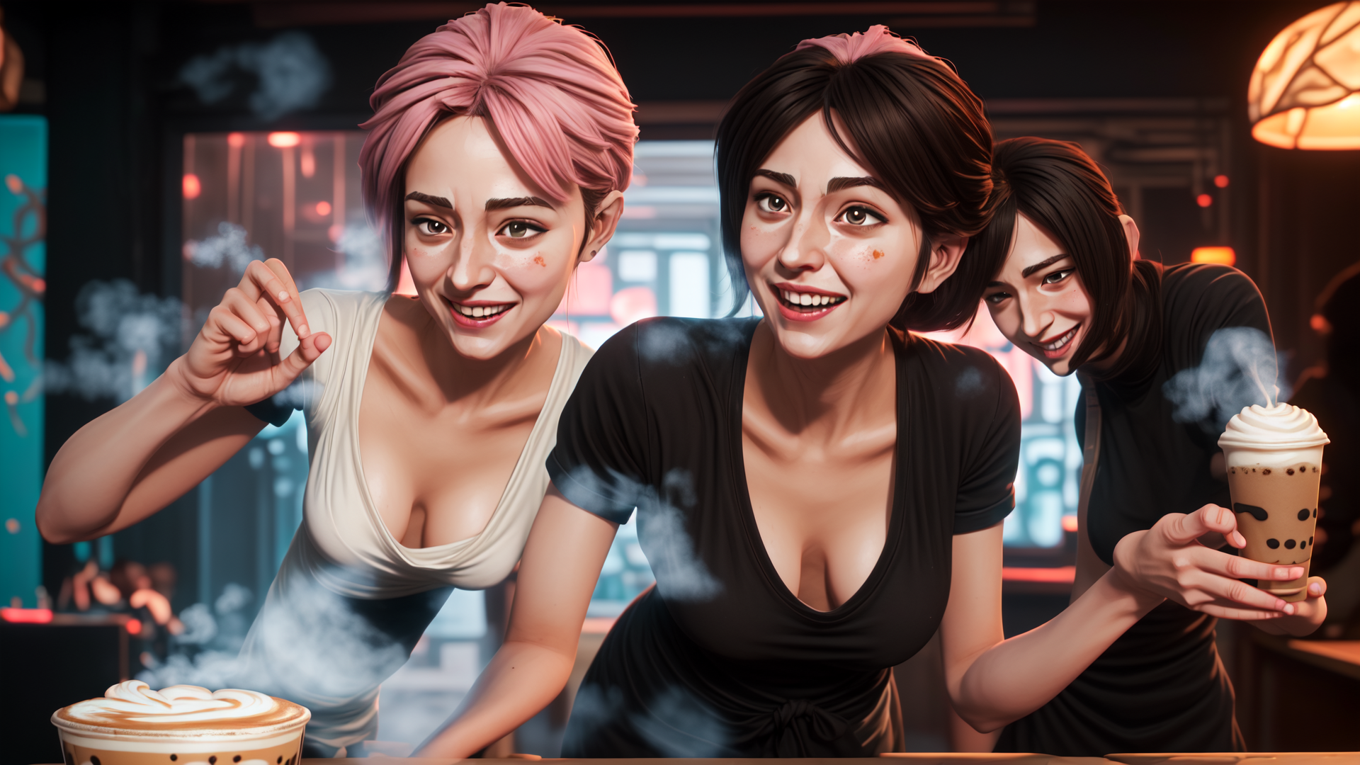 AI generated wallpaper featuring women, coffee, boba tea, cafe, smoke