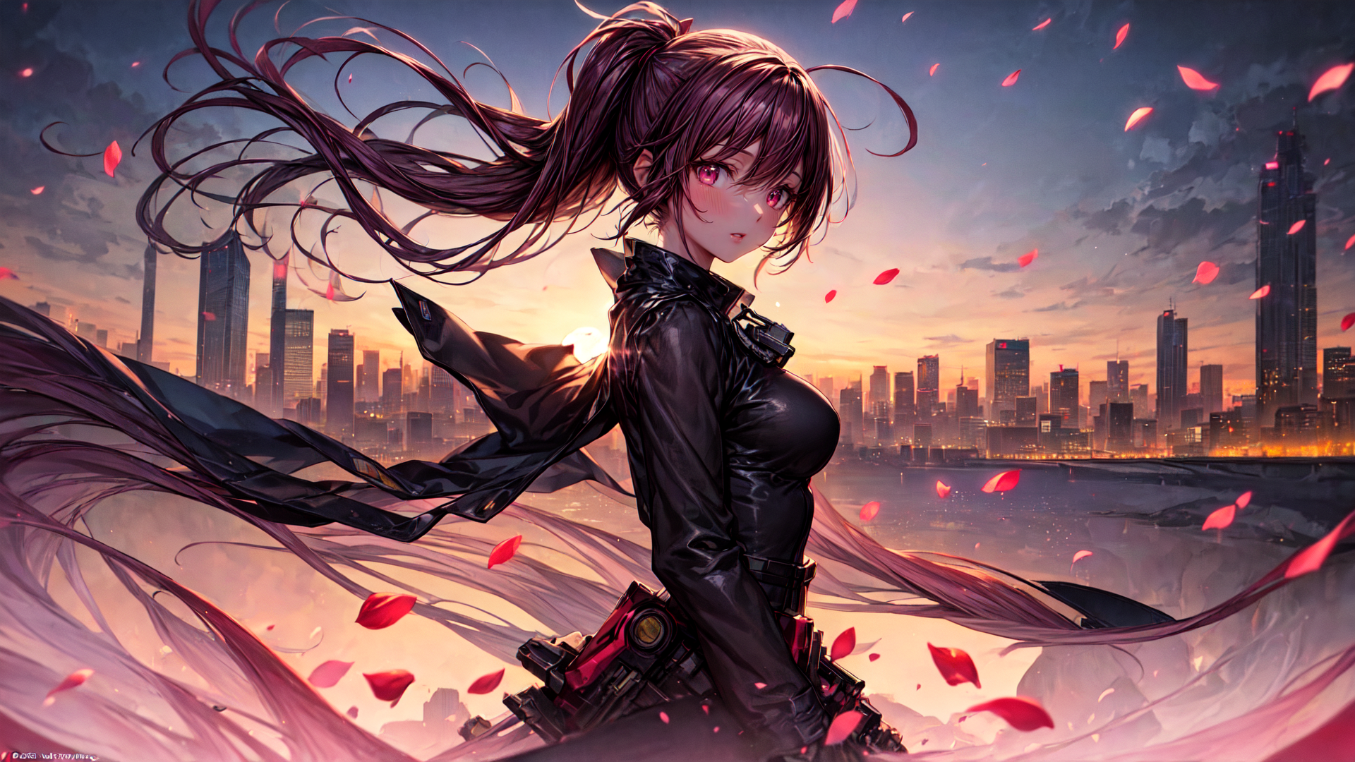 AI generated wallpaper featuring anime girl, cityscape, mechanical weapon
