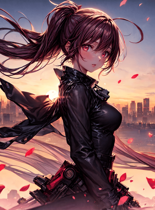 anime girl, cityscape, mechanical weapon