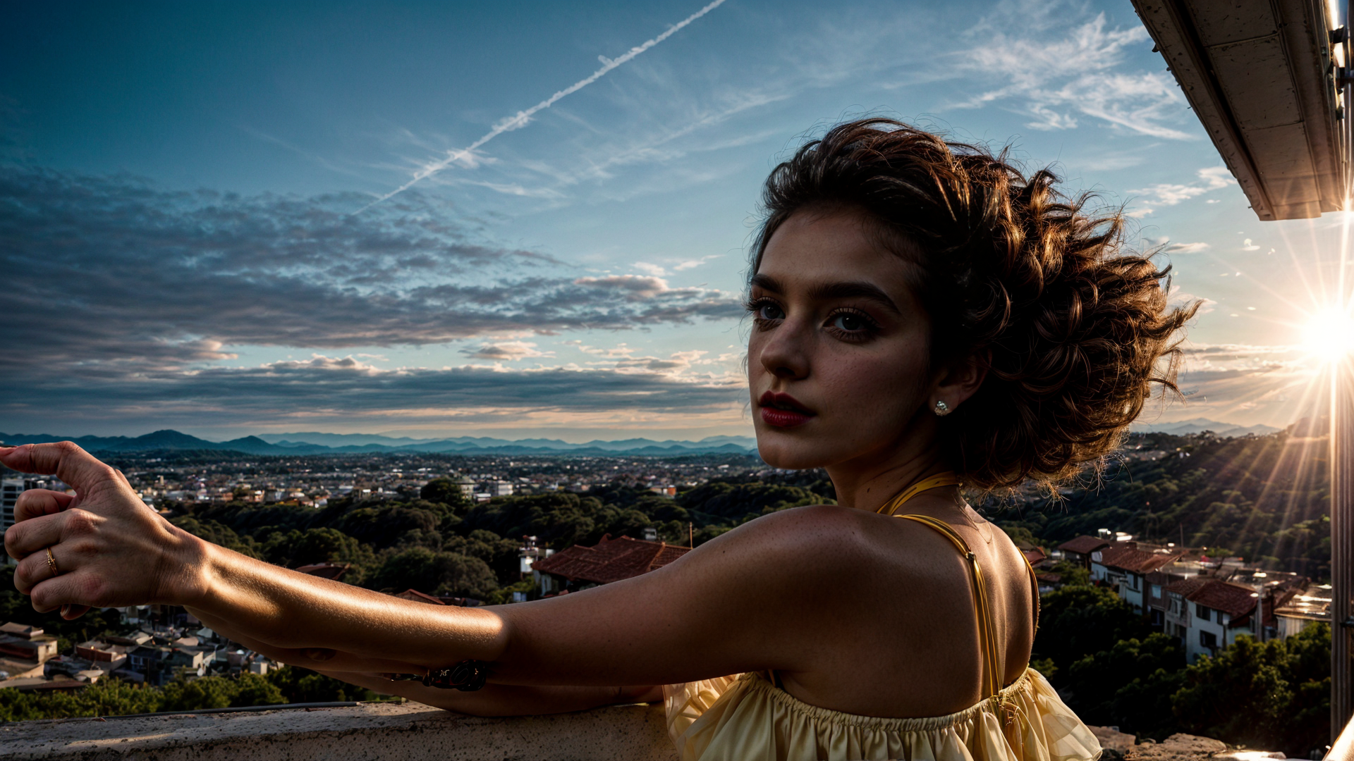 AI generated wallpaper featuring woman, cityscape, sun