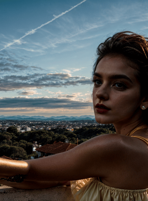 woman, cityscape, sun