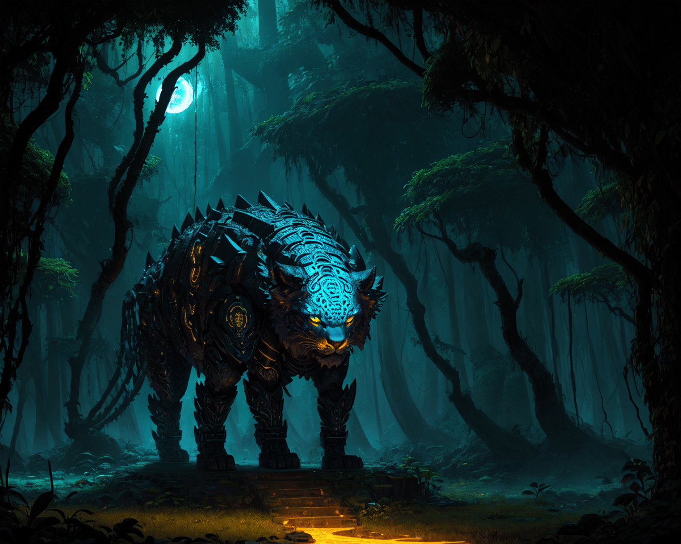 AI generated wallpaper featuring mechanical tiger, ancient forest