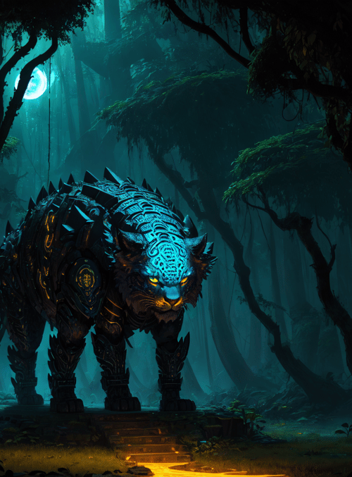mechanical tiger, ancient forest
