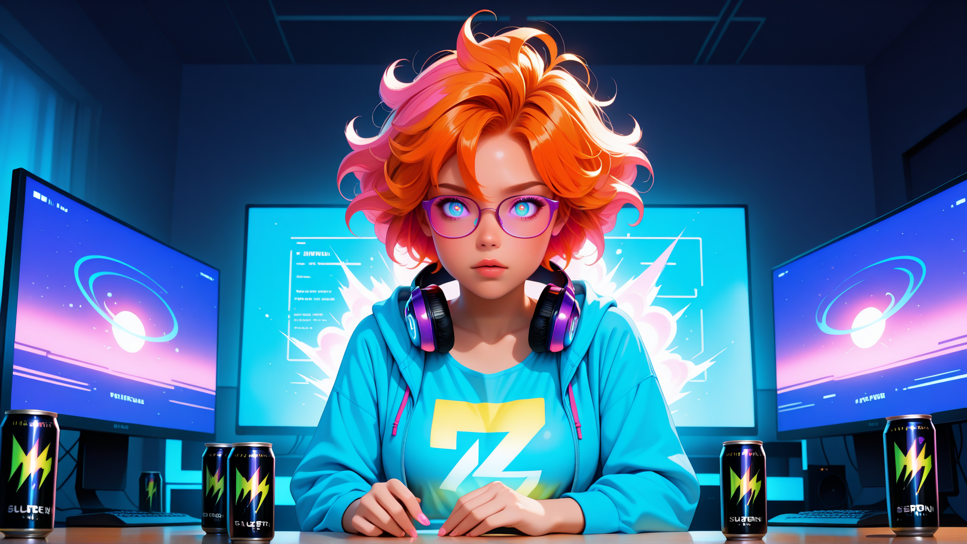 AI generated wallpaper featuring girl, gamer, headphones, computer, monitor, can, hologram, glasses, hoodie, sweater