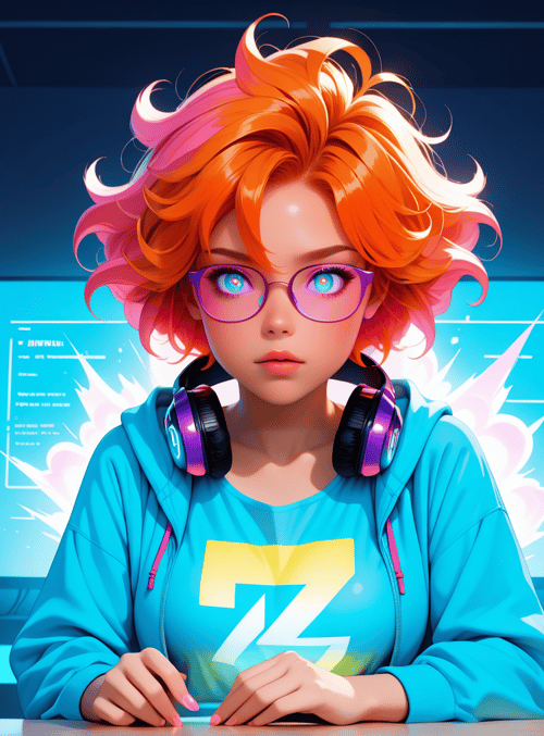 girl, gamer, headphones, computer, monitor, can, hologram, glasses, hoodie, sweater