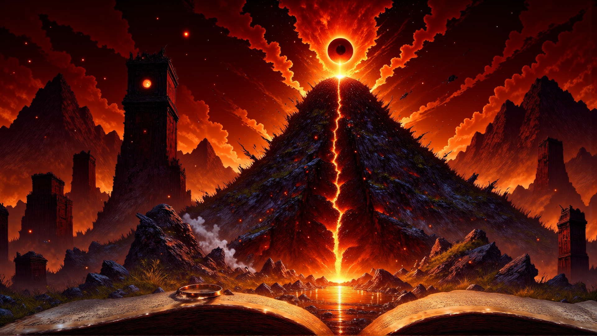 AI generated wallpaper featuring mountain, pyramid, tower, book, ring, cloud, mountain range, ruins, sky, sun