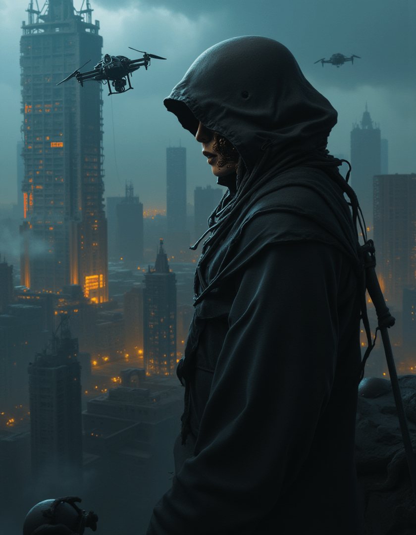 AI generated wallpaper featuring hooded figure, drone, cityscape, skyscraper, building, futuristic city, suspension bridge, helmet