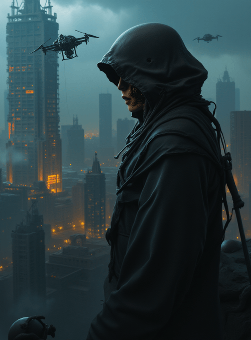 hooded figure, drone, cityscape, skyscraper, building, futuristic city, suspension bridge, helmet