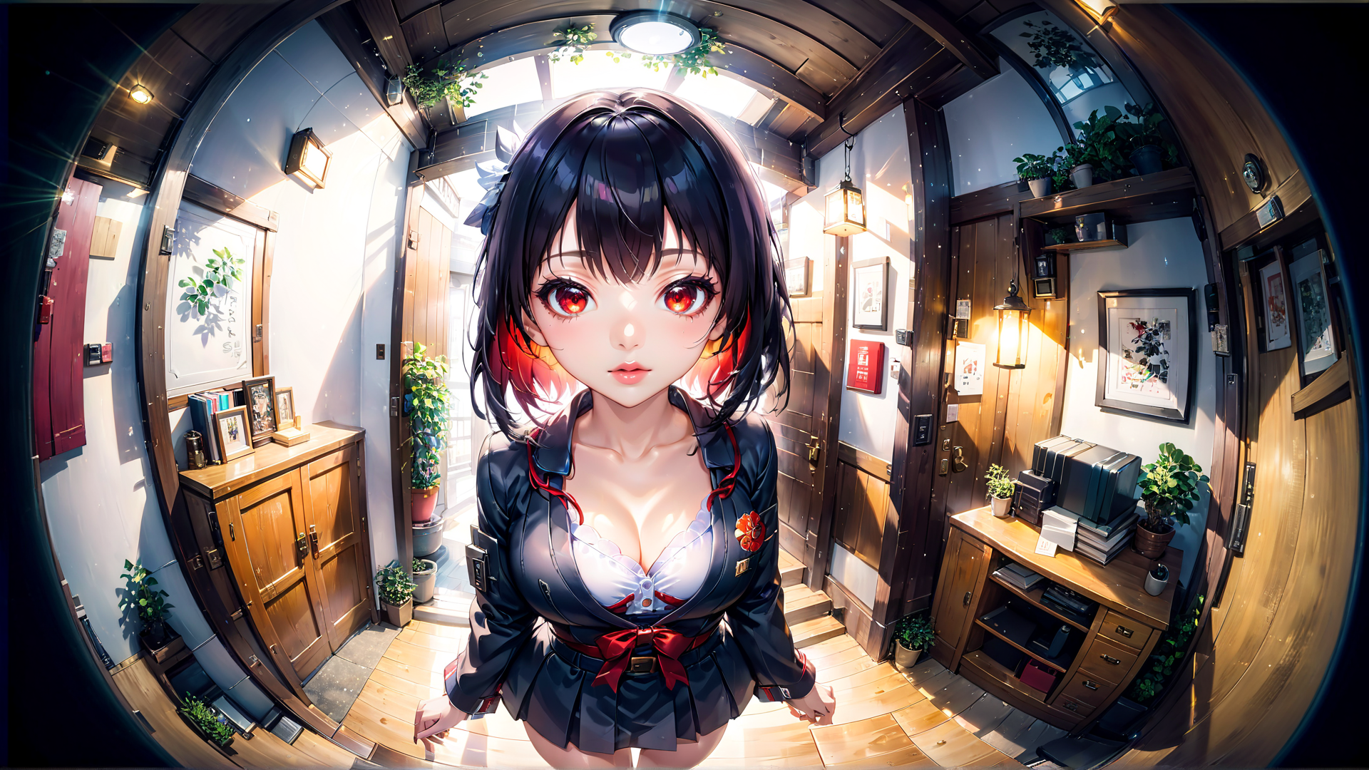 AI generated wallpaper featuring girl, anime, school uniform, interior, plants, door, cabinet, painting, light, window