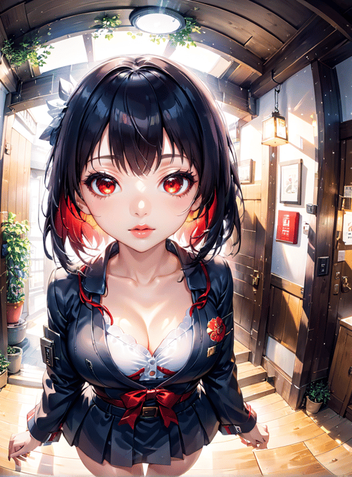 girl, anime, school uniform, interior, plants, door, cabinet, painting, light, window