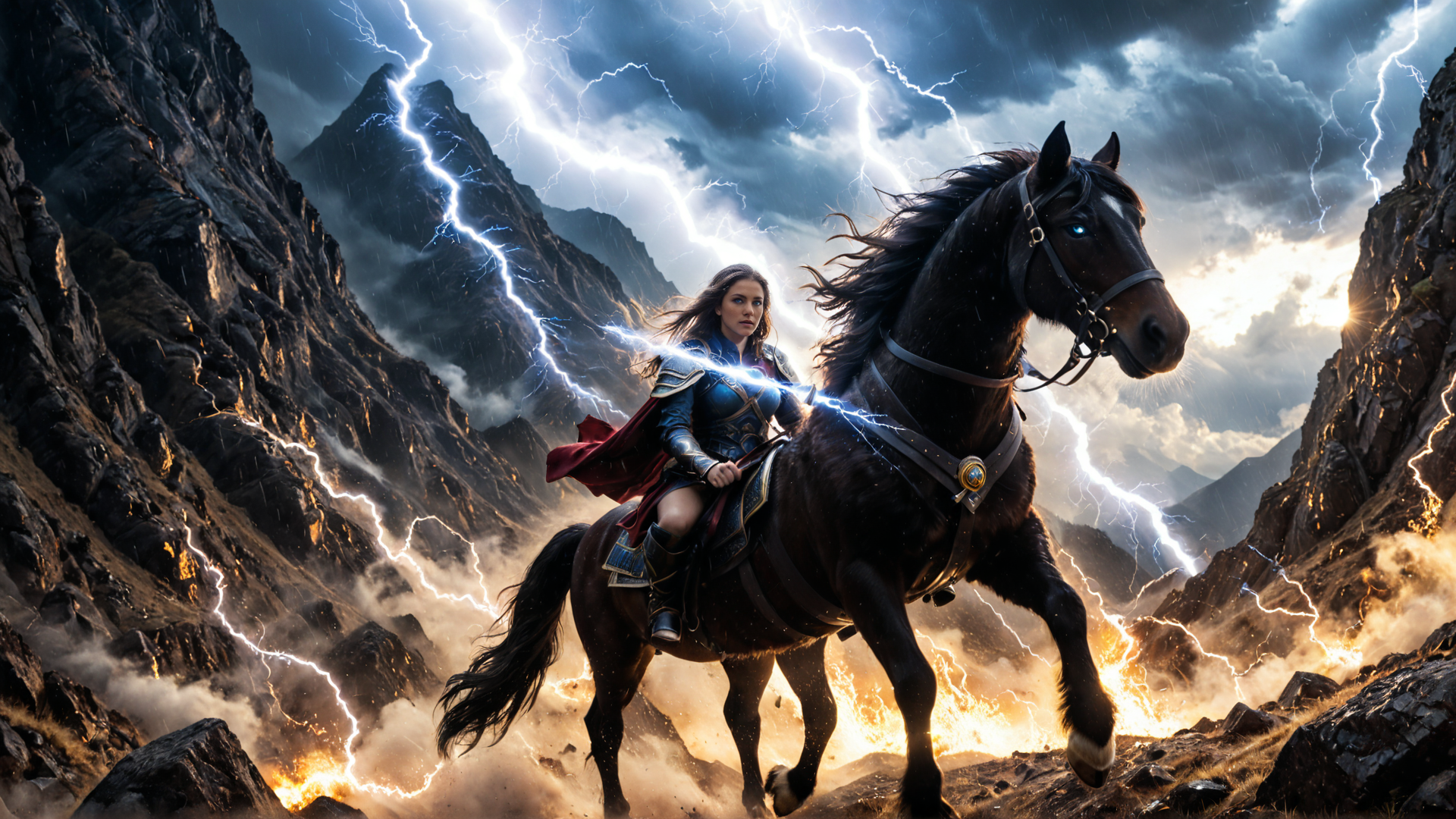 AI generated wallpaper featuring woman, horse, lightning