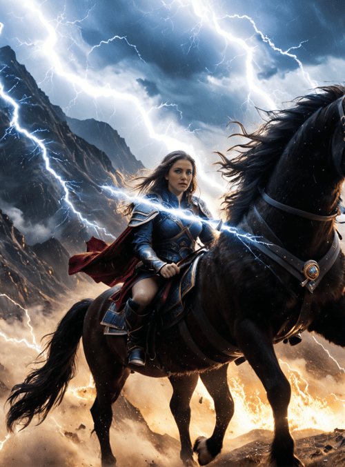 woman, horse, lightning