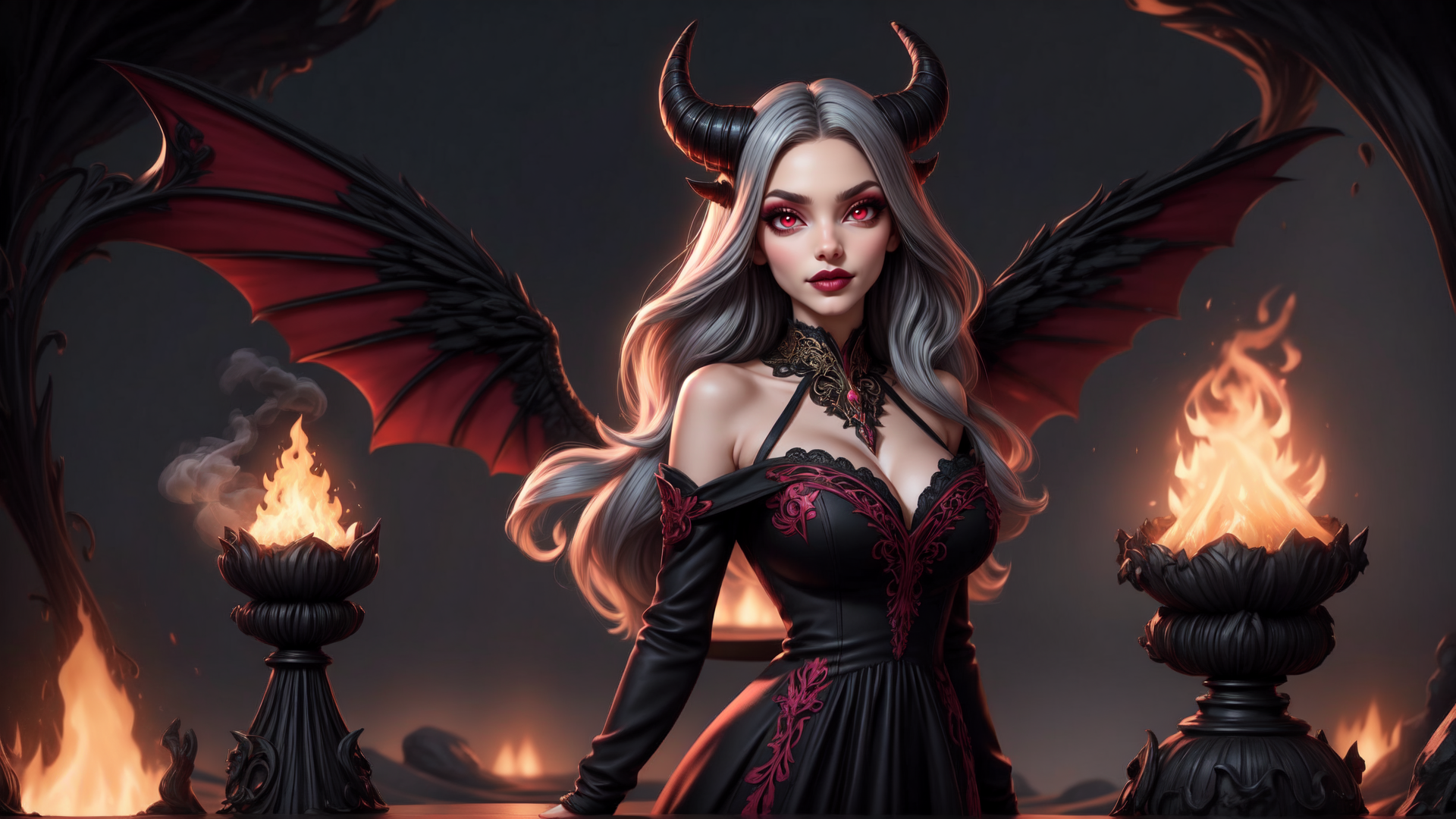 AI generated wallpaper featuring demon, woman, wings, horns, dress, fire, lotus, candle, smoke, scepter