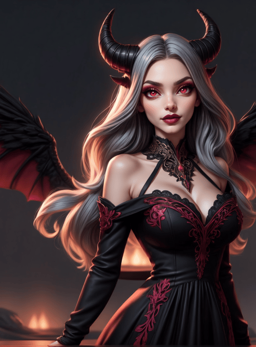 demon, woman, wings, horns, dress, fire, lotus, candle, smoke, scepter