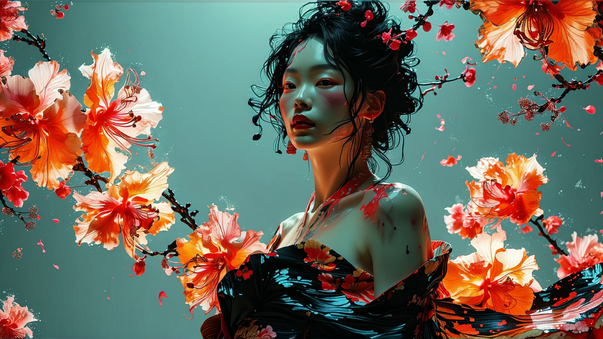 AI generated wallpaper featuring woman, flowers, branches