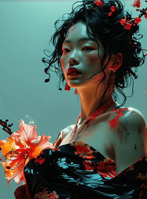 woman, flowers, branches